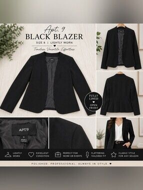 🦚Apt. 9 Black Open Front Blazer | Size 8 | Fully Lined | Classic Career Jacket